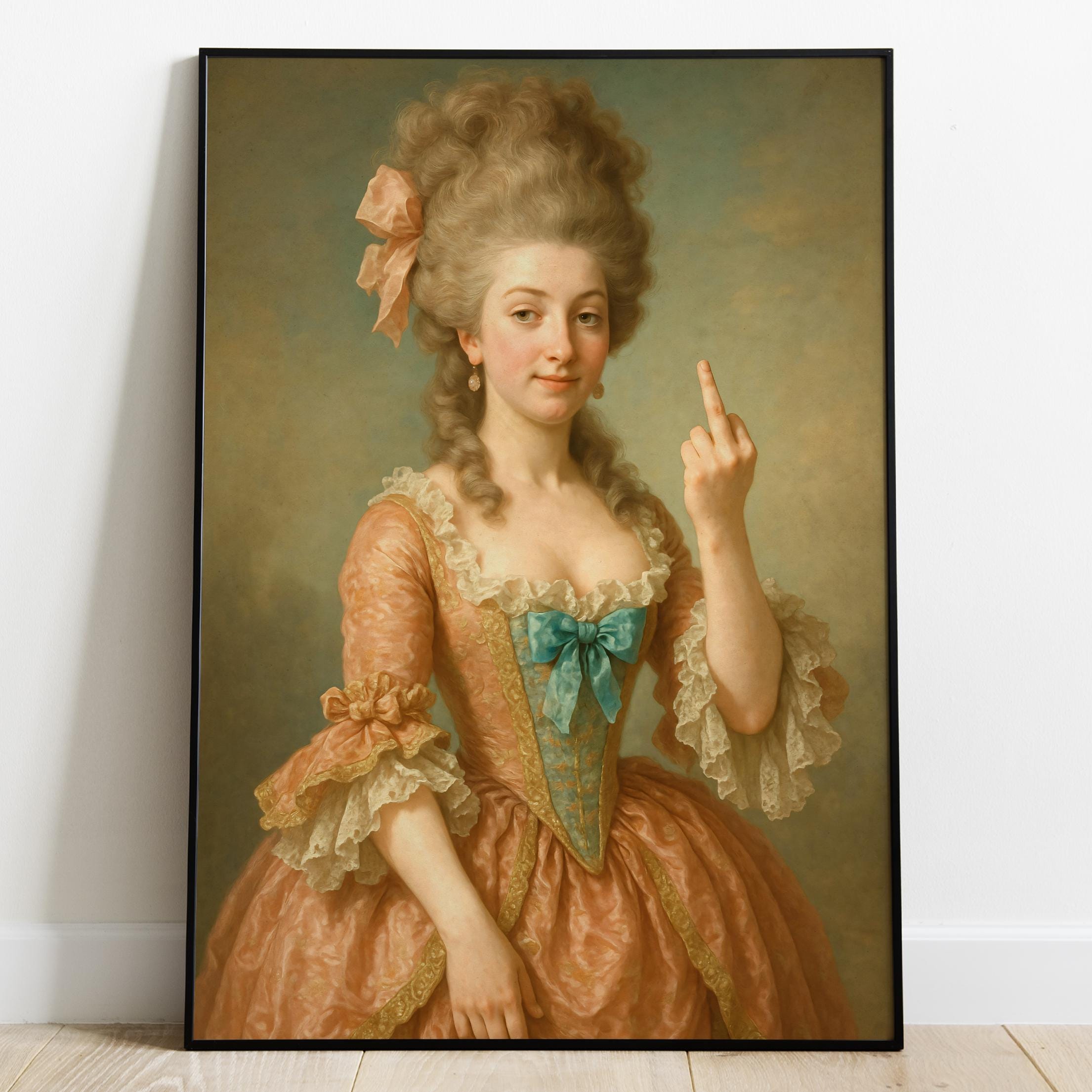中指を立てた女性のプリント｜面白いヴィンテージ風肖像画ウォール