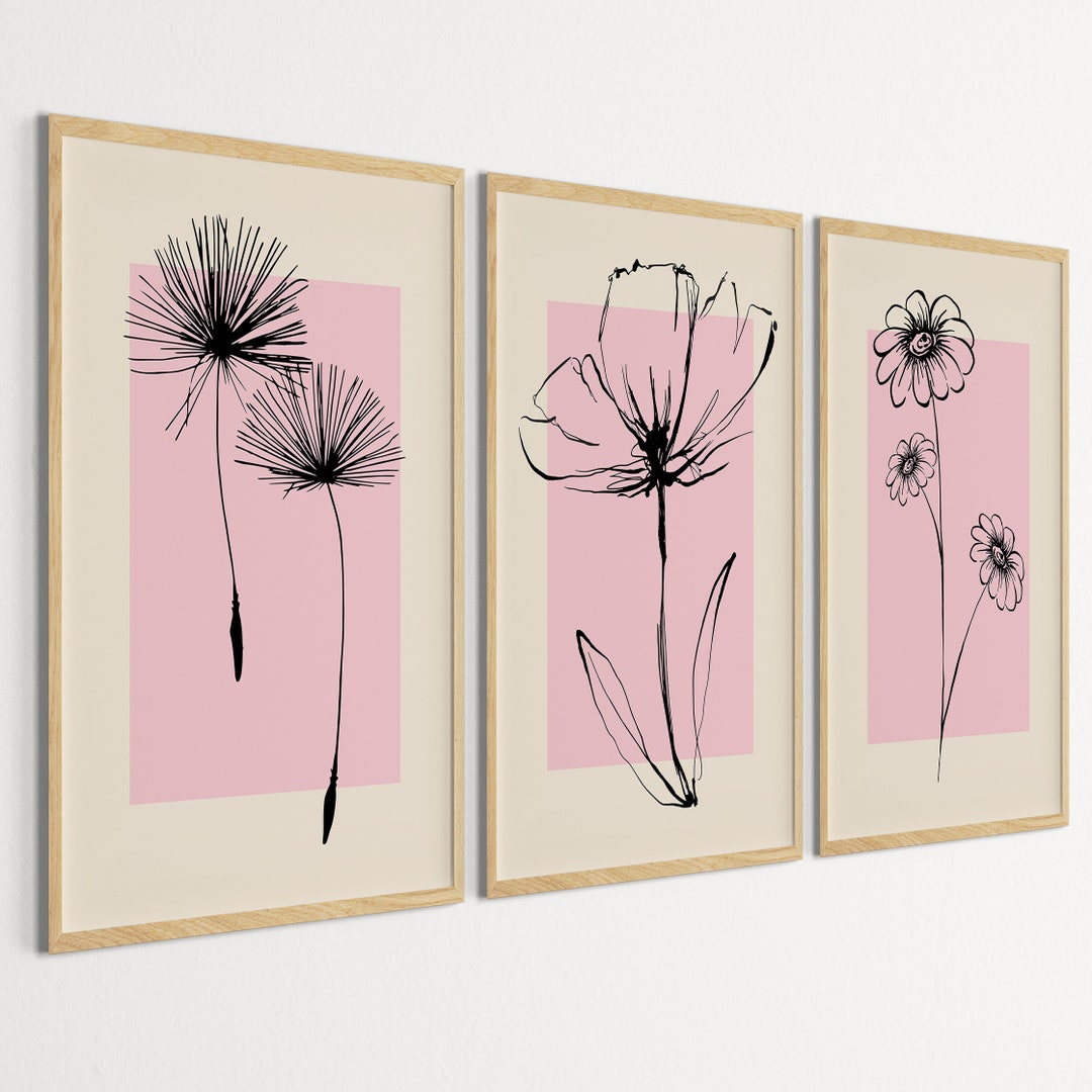 Pink Flower Wall Art Set of 3 – Modern Botanical Line Art Prints ...