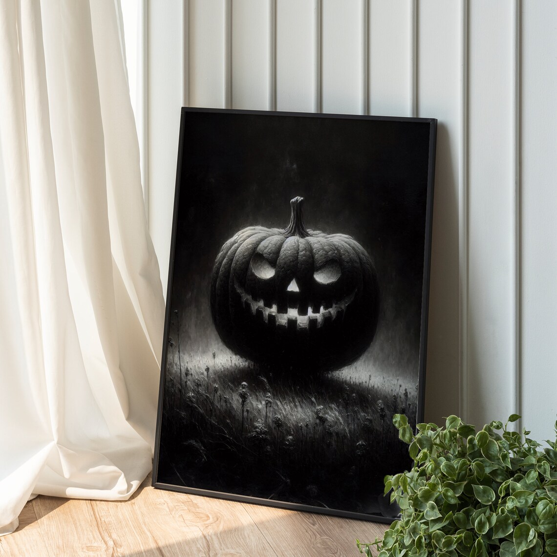 Creepy Jack O Lantern Halloween Black and White Poster Art Rustic Moody ...
