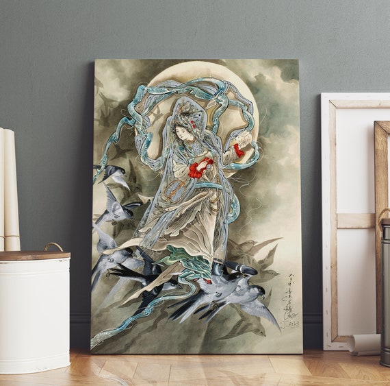 Woman With Birds by Toshio Aoki, Traditional Japanese Goddess With