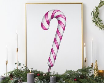 Christmas Pink Candy Cane Printable Seasonal Wall Art Watercolor Xmas Sweet Kitchen Art Vintage Eclectic Winter Decoration Digital File