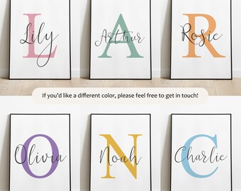 Impresión de inicial personalizada, arte de pared con nombre personalizado para guardería, decoración de habitación infantil, diseño de letras moderno