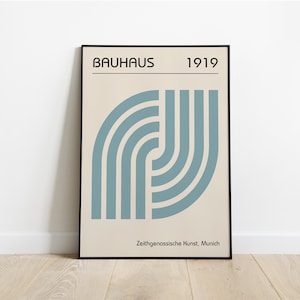 Blue Bauhaus Poster – 1919 Exhibition Print, Retro German Weimar Design, Minimalist Leaf Art, Mid Century Wall Decor, Digital Download