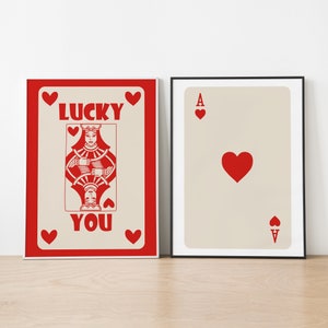 Ensemble d'art mural Poker Card - affiche As de coeur et vous porte-bonheur, impression rouge tendance, décoration esthétique géniale, téléchargement numérique haute résolution