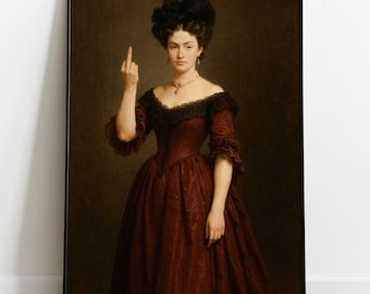 Lámina de mujer con el dedo corazón / Divertido retrato victoriano para pared / Póster de pintura al óleo alterada / Regalo ecléctico de descarga digital