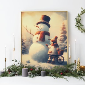 Süßer Vintage Schneemann mit Kind Ölgemälde Druck Wandkunst Weihnachtsdekor Academia Weihnachtsdekor Schneezeit Winter Geschenk Digitale Datei