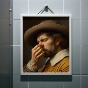 Funny Altered Vintage Art – Man Stink Oil Painting Parody, Bathroom Wall Decor, Classic Portrait Humor, Digital Download