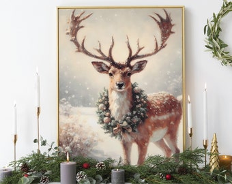 Pintura al óleo de ciervo navideño con corona, impresión para colgar en la pared, decoración artística navideña, temporada de nieve, bosque, decoración invernal, archivo digital