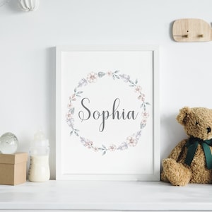 Impresión floral personalizada con nombre / Arte mural personalizado para habitación de bebé / Letrero con letra y nombre en acuarela neutra / Decoración para habitación de bebé / Archivo de descarga digital