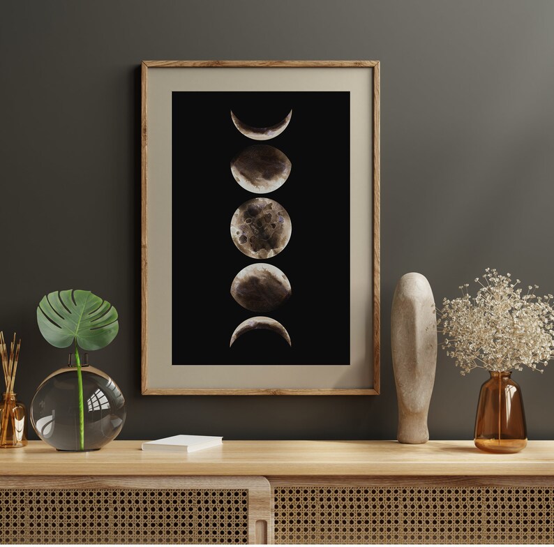 Phases of the Moon Watercolor Print – Gold Moon on Black Background ...