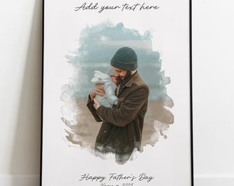 Retrato de papá personalizado a partir de una foto, arte familiar personalizado en acuarela, regalo de pared para el Día del Padre, ilustración de papá y bebé primerizo, archivo digital