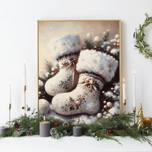 Vintage Christmas White Stockings Oil Painting Socks Wall Art Print Xmas Wall Decorations Holiday Gallery Art Festive Decor Digital Download