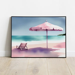 Pink Umbrella Beach Art – Watercolor Seaside Print, Coastal Minimalist Wall Decor, Modern Summer Home Style, Digital Download
