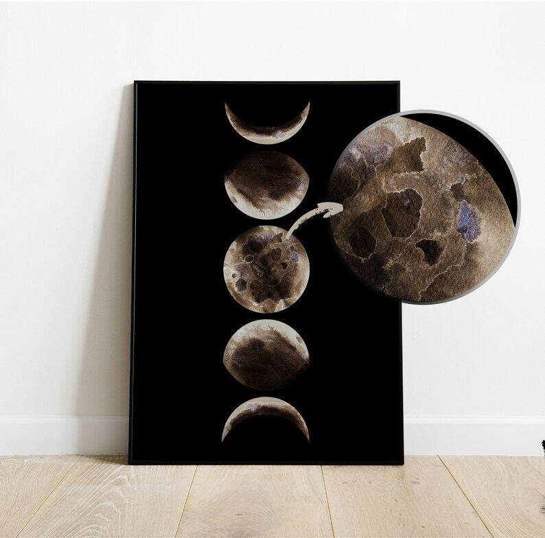 Phases of the Moon Watercolor Print – Gold Moon on Black Background ...