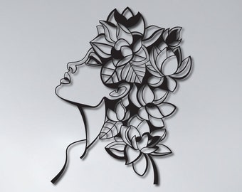 Woman Face Metal Wall Art with Flowers, Bedroom Decor