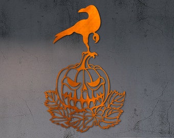 Metal Halloween Pumpkin Wall Hanging with Crow (15x24 inches)
