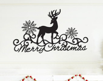 Reindeer Merry Christmas Metal Wall Hanging, Christmas Decor (25x14 inches)