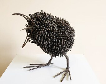 Handcrafted Metal Screaming Chick Sculpture, Unique Bird Art
