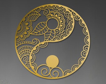 Metal Yin Yang Wall Art, Floral Mandala Design, 24 inch