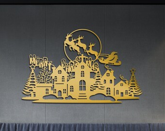 Santa Sleigh Metal Wall Art, Christmas House Decor