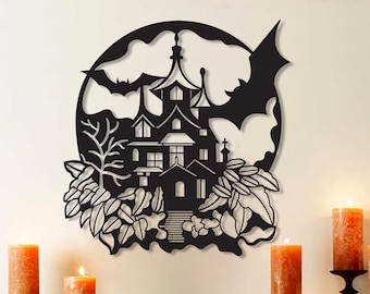 Haunted House Metal Wall Art, Spooky Halloween Decor