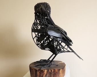 Handmade Metal Crow Sculpture, 3D Welded Art, Home Decor (18x21x8 inches)