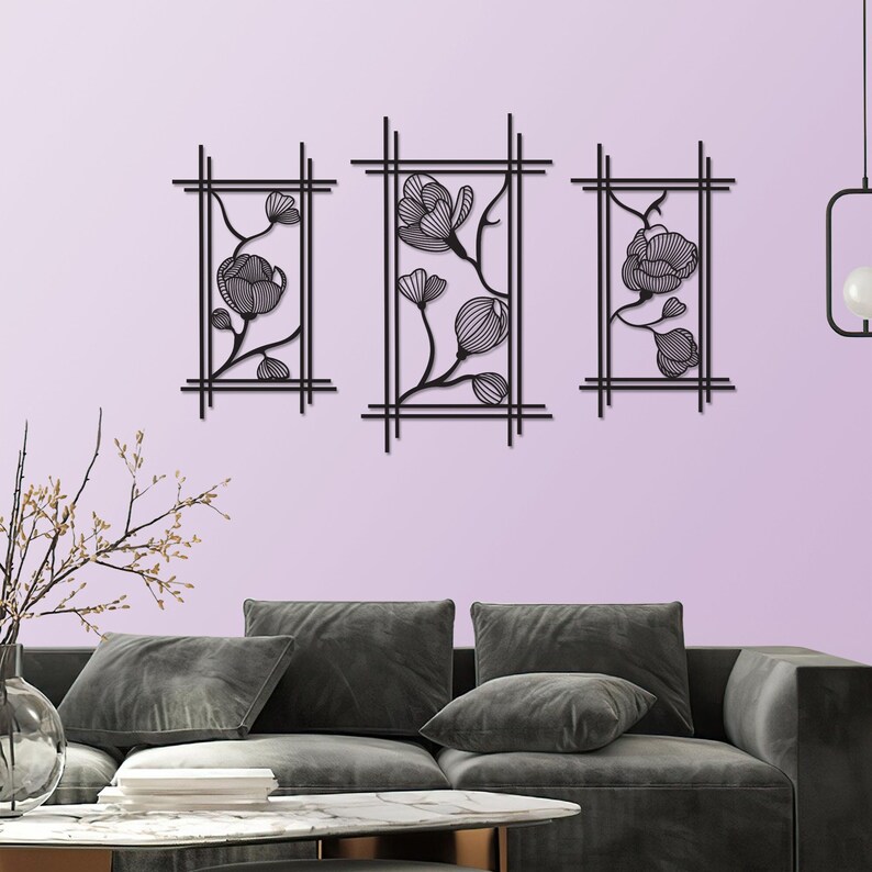 Leseogye 3 Pcs Pink Metal Flowers Wall Art - 35x15cm Floral Decor For Living Room, Bedroom, Bathroom