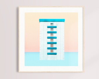 Pastel house poster - Cityscape wall art - Vaporwave aesthetics print - Architecture photography