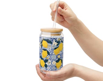 Amalfi Lemon Glass Iced Coffee Cup with Lid & Straw