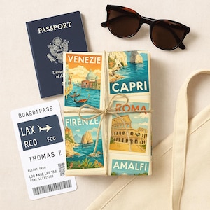 Carta da regalo vintage con cartoline italiane, Amalfi, Roma, Firenze, Venezia e Capri, per gli amanti dei viaggi, compleanni e festività.