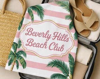 Beverly Hills Beach Club Towel: Pink Palm Print, Retro Glam