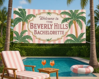 Beverly Hills Bachelorette Banner, Retro Pink Palm Decor, 48"x24" Vinyl Sign