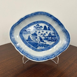 Antique Mid-19th Century Chinese Blue and White Oval Canton Plate #Chinoiserie