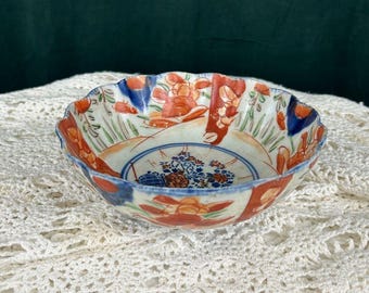 Cuenco japonés Imari floral antiguo, naranja y azul, del siglo XIX