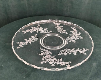 Vintage Elegant Floral Etched Glass Round Platter
