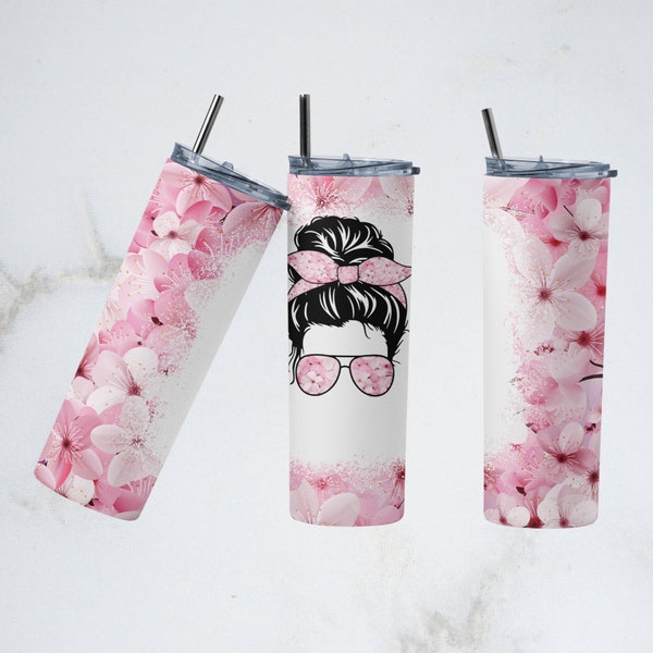 Add Your Own Text Cherry Blossoms Mom Bun Hair Funny Seamless Sublimation Designs Downloads - Skinny Tumbler 20oz Design -
