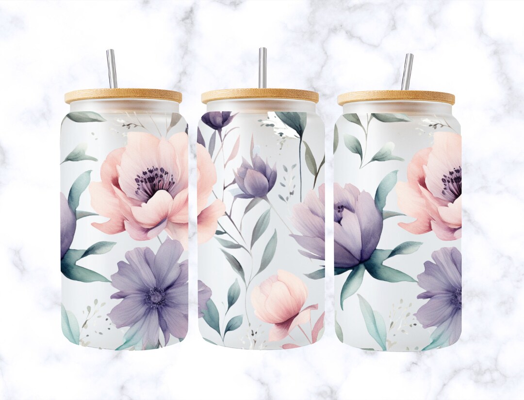 16 Oz Libbey Glass Can Tumbler Sublimation Design, Boho Summer Floral ...