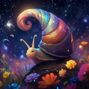 May include: A rainbow snail with a sparkly shell sits on a rock surrounded by colorful flowers. The snail is in a magical forest setting with glowing lights.