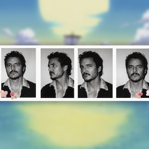 Peut inclure: Bande de photos en noir et blanc présentant quatre portraits d'une personne aux cheveux foncés et à la moustache. La personne porte une veste sombre sur une chemise à col. De petites fleurs roses se trouvent dans les coins de la bande.