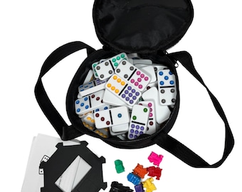 Juego de dominó de viaje: Dominó doble 9 con puntos de colores brillantes, tren mexicano y marcadores, bolsa de lona.