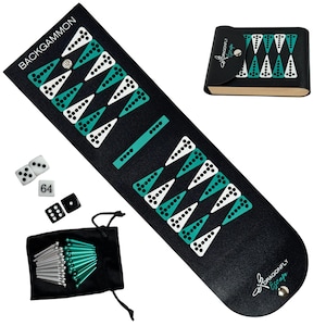 May include: A black backgammon set with white and teal triangular points. The set includes dice, a doubling cube, and a black carrying case with teal game pieces. A black case with a magnetic closure is also included.
