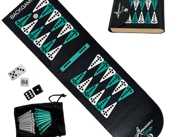 May include: A black backgammon set with white and teal triangular points. The set includes dice, a doubling cube, and a black carrying case with teal game pieces. A black case with a magnetic closure is also included.