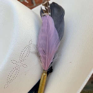 Clip-on feather hat accessory -  pink in brass casing