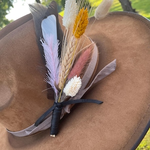 Clip-on feather/floral hat accessory -  black white yellow