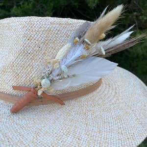 Clip-on feather/floral hat accessory -  white, beige in tan