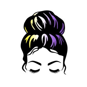 May include: A stylized illustration of a woman's face with closed eyes and long eyelashes. The hair is styled in a bun with black, yellow, and purple highlights. The image is set against a white background.