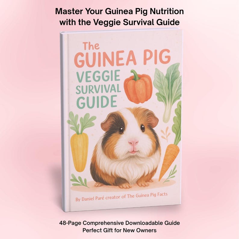 Pu&ograve; includere: Un libro intitolato "The Guinea Pig Veggie Survival Guide" presenta un'illustrazione di cavia con verdure. Il testo di copertina recita "Master Your Guinea Pig Nutrition". Il libro &egrave; una guida scaricabile di 48 pagine.