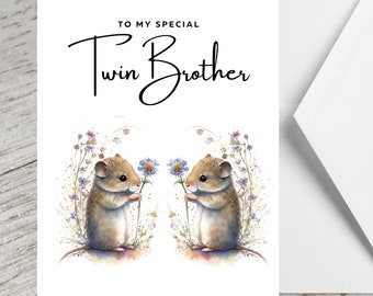 To My Special Twin Brother Cute Mouse Card / Greetings Card for Him / Cute Mouse Illustration Card / Handmade / Blank Inside - 143