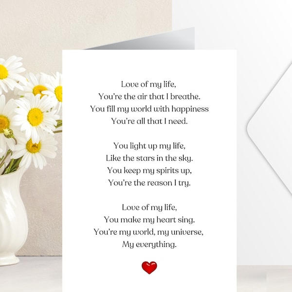 Love Of My Life Card With Romantic Verse / Card With Poem for Loved One / Minimalistic Card / Blank Inside - 346