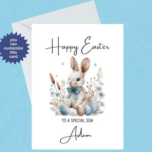 Personalised Easter Bunny Card To A Special Son Card Rabbit Easter Card Illustrated Easter Rabbit Handmade Blank Inside 537 image 1